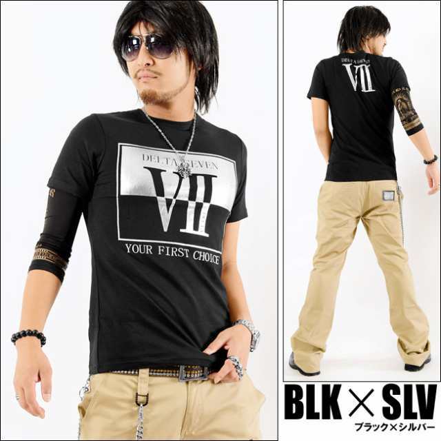 DELTA SEVEN ロゴ デザイン 半袖 プリント Tシャツ ブラックdel-70634 新品 ブラックxシルバー L拍卖