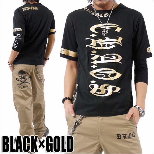 CHAOS JAPAN BIGプリントロゴ腕サイドバック英字プリント 半袖Tシャツ ch-ry-2005新品 ブラックxゴールド M拍卖