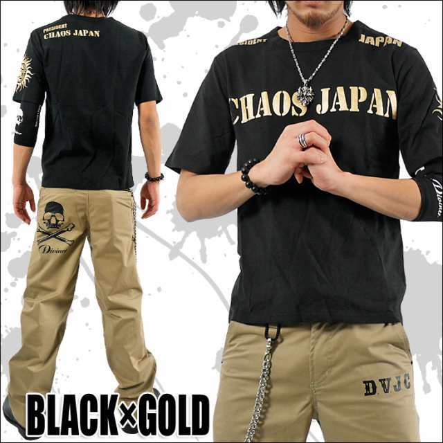 CHAOS JAPAN 新ゴプリント太陽タトゥープリTシャツ ch-ry-0010 メンズファッション品 ブラック×ゴールド L拍卖
