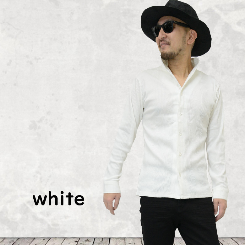 ストレッチ素材ランダムテレコイタリアンカラー長袖シャツ12-y073新品 ホワイト M拍卖