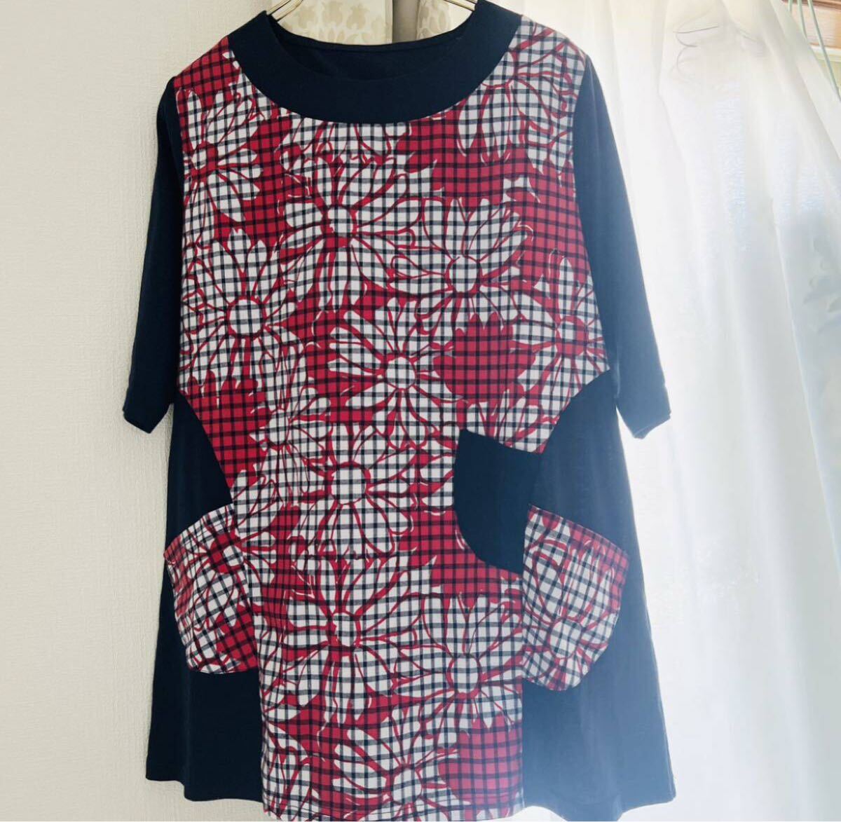 Art Studio 綿混 花柄プリント 半袖カットソー ネイビー、赤、白 フリーサイズ拍卖