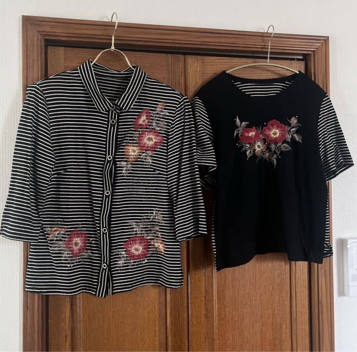 SunAmy アンサンブル 日本製 花刺繍 半袖カットソー、7分丈シャツセット M-L拍卖