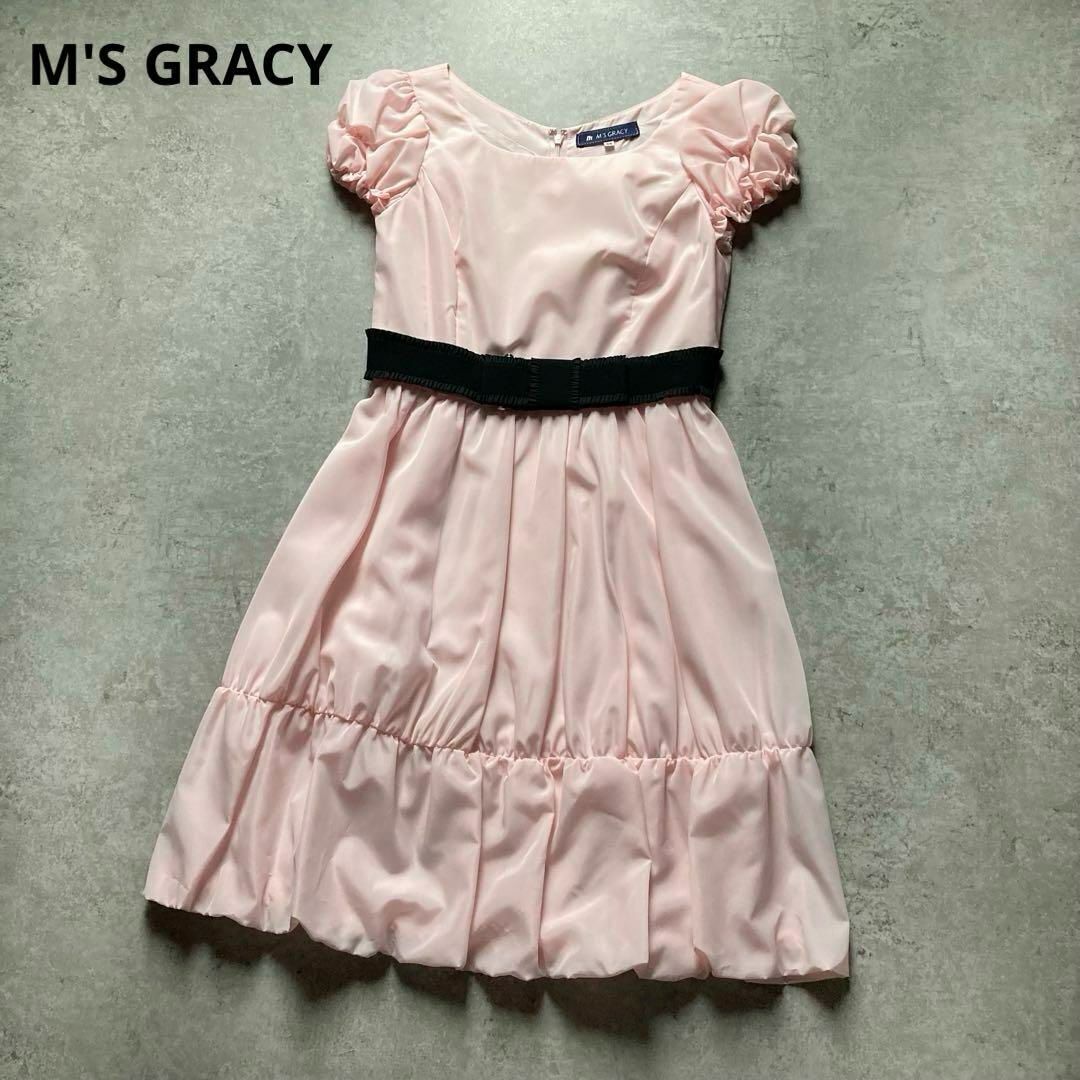 エムズグレイシー たっぷりギャザーフレアワンピース ひざ丈 Aライン りぼんベルト ピンク 38サイズ 日本製 M'S GRACY拍卖