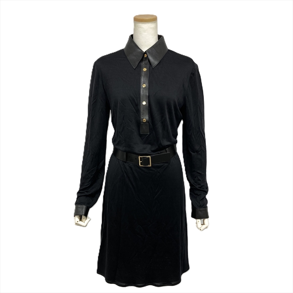 グッチ GUCCI ワンピース シルク シープスキン ブラック L 44 ラムレザー 襟付き レディース拍卖