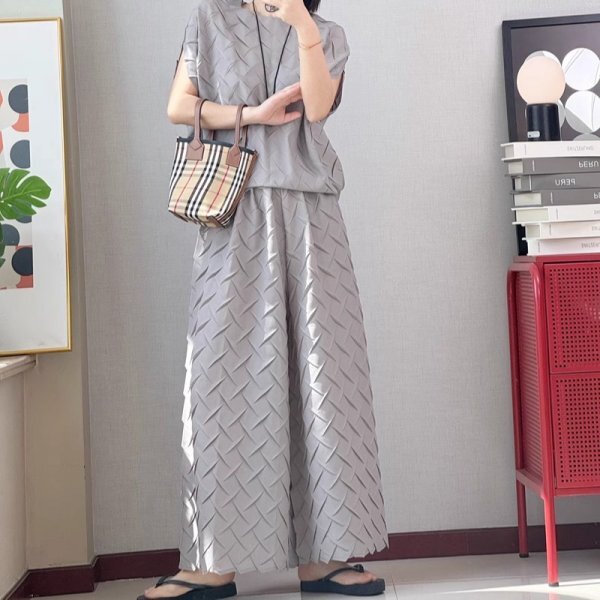 (3点まとめ送料無料)レディーストップスプリーツpleatsシャツワイドパンツ2点セット洒脱肌触り弾力ドレープ性がいいグレー拍卖