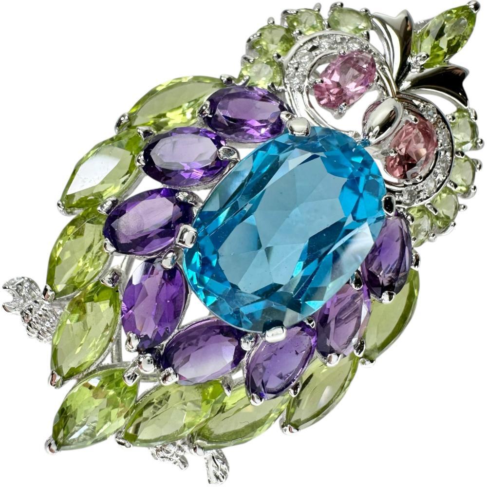 フクロウ ブローチ兼用 ブルートパーズ/ペリドット/ピンクトルマリン ダイヤモンド 0.10ct ペンダントトップ K18WG レディース拍卖