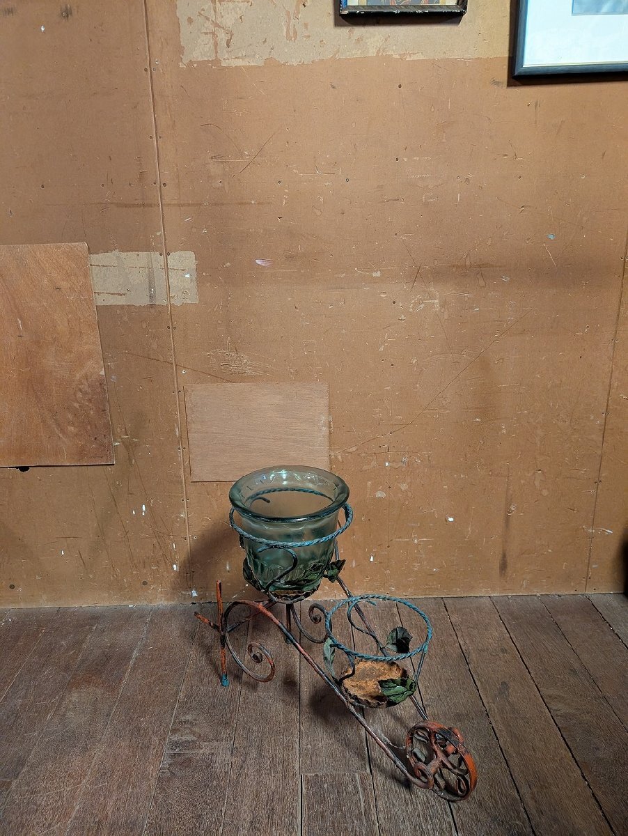 ヴィンテージ 花台 フラワーベース ガーデニング 人力車 アイアン ガラス 花瓶 シャビー 錆 ガーデン/アンティーク ビンテージ 植木鉢拍卖