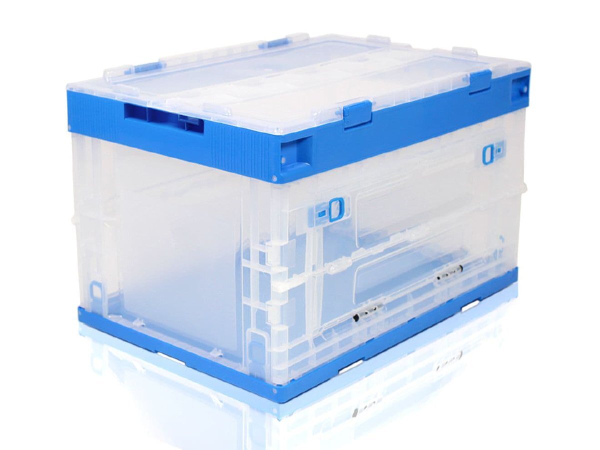 FDC0002 折り畳みコンテナ 50L 中窓1箇所付(長辺1) クリア&ブルー 折りたたみコンテナ拍卖