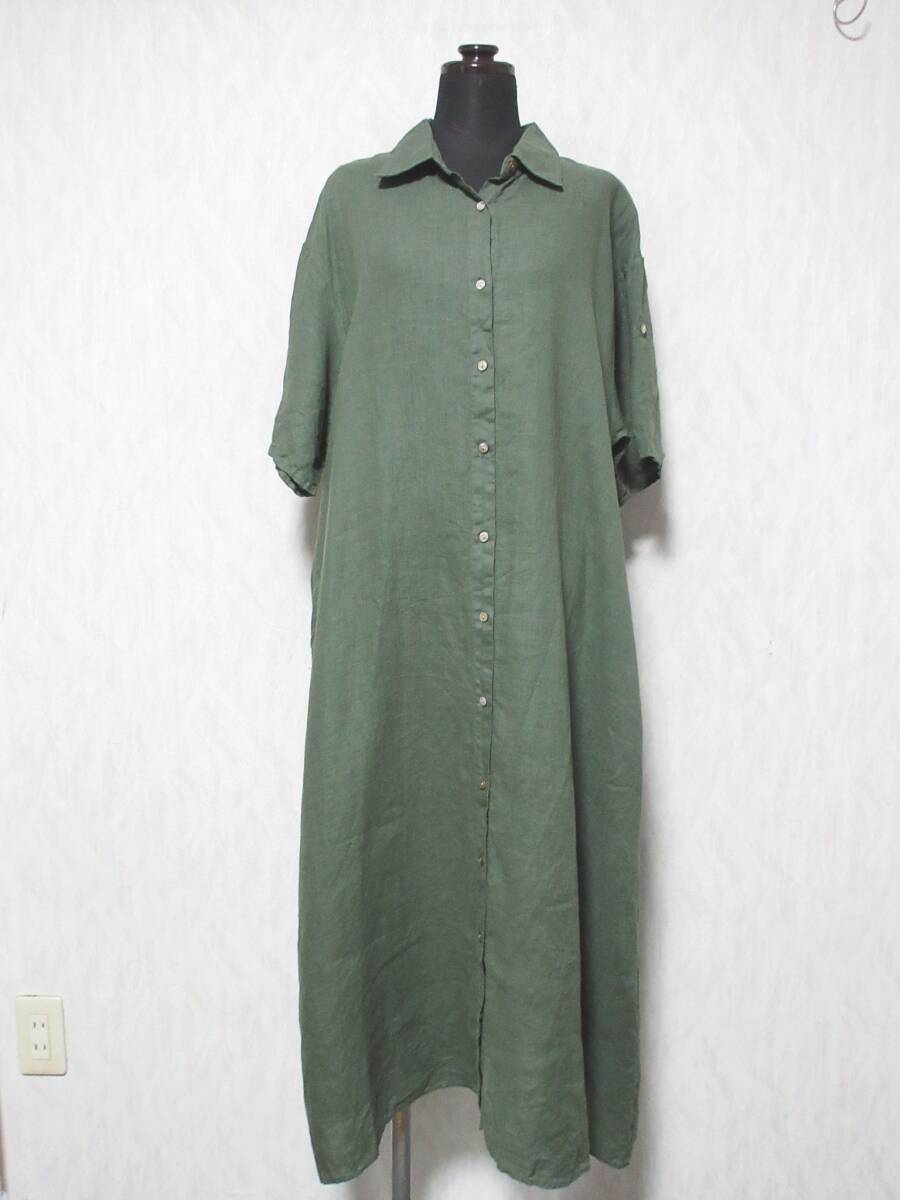 DOORS ドアーズ アーバンリサーチ 23SS 麻100% リネン オープンフロント シャツドレスワンピース M グリーン系 DR35-26E107 yg6978拍卖