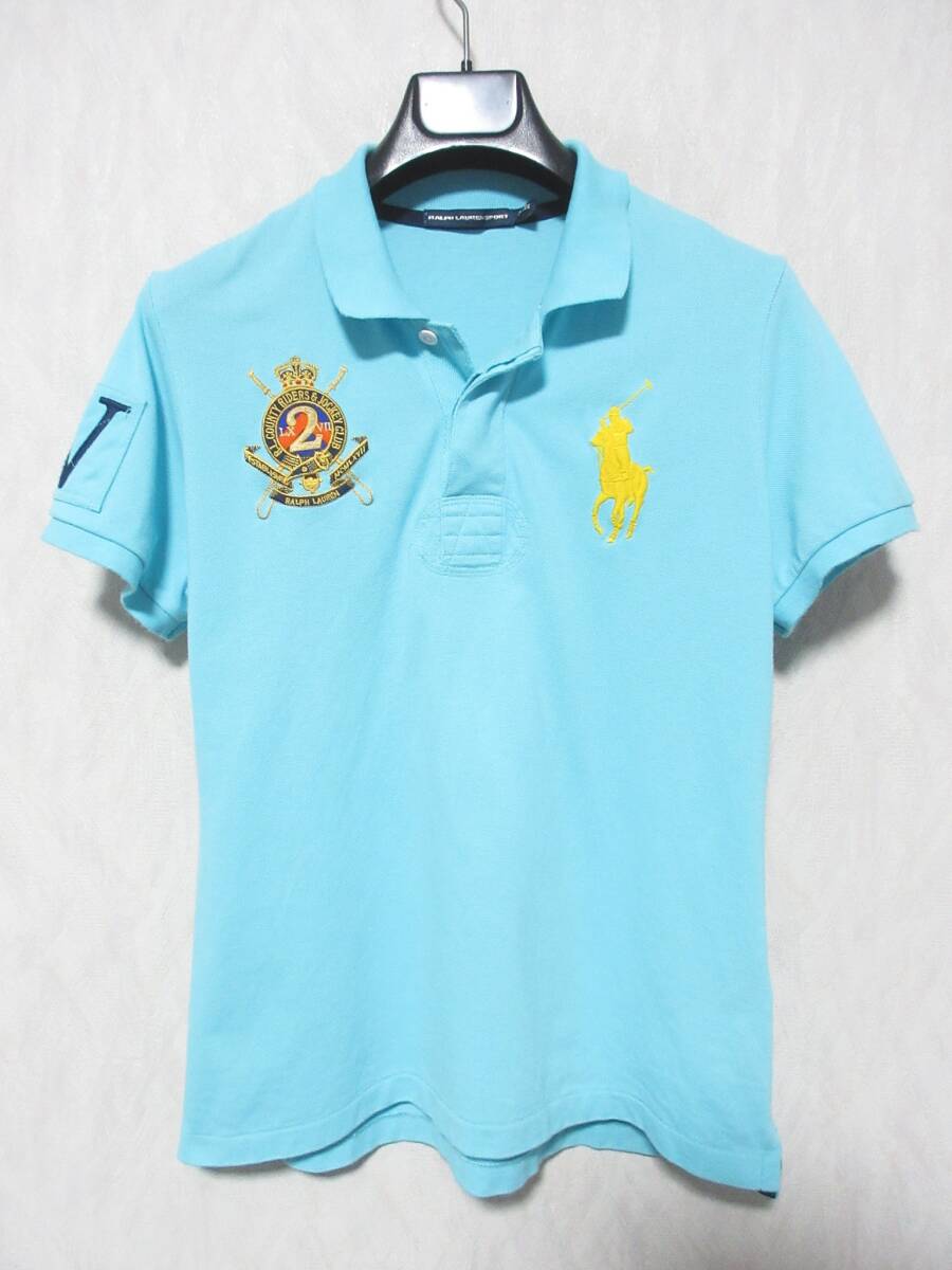 RALPH LAUREN SPORT ラルフローレン ビッグポニー ワッペン ポロシャツ ラガーシャツ レディース L 170/96A ライトブルー yg7051拍卖