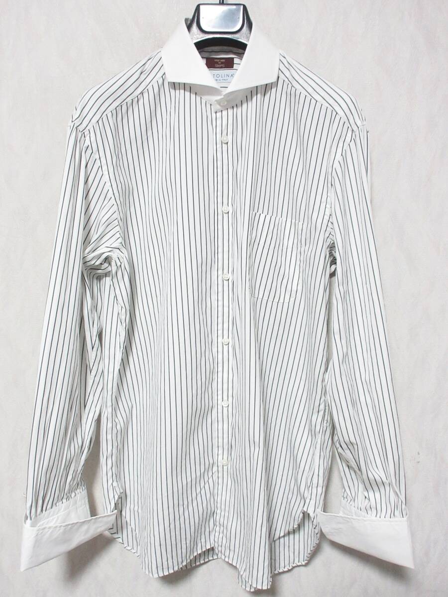 SHIPS OLTOLINA シップス ストライプ カッタウェイ シャツ Yシャツ ビジネス メンズ 40 ホワイト ブラック系 yg7076拍卖