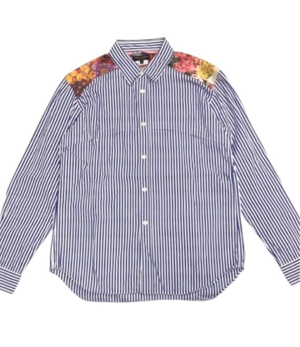 送料無料 ■ COMME des GARCONS HOMME PLUS コムデギャルソン オム プリュス ■ フラワー 花柄 プリント 切替 ストライプ柄 長袖 シャツ S拍卖