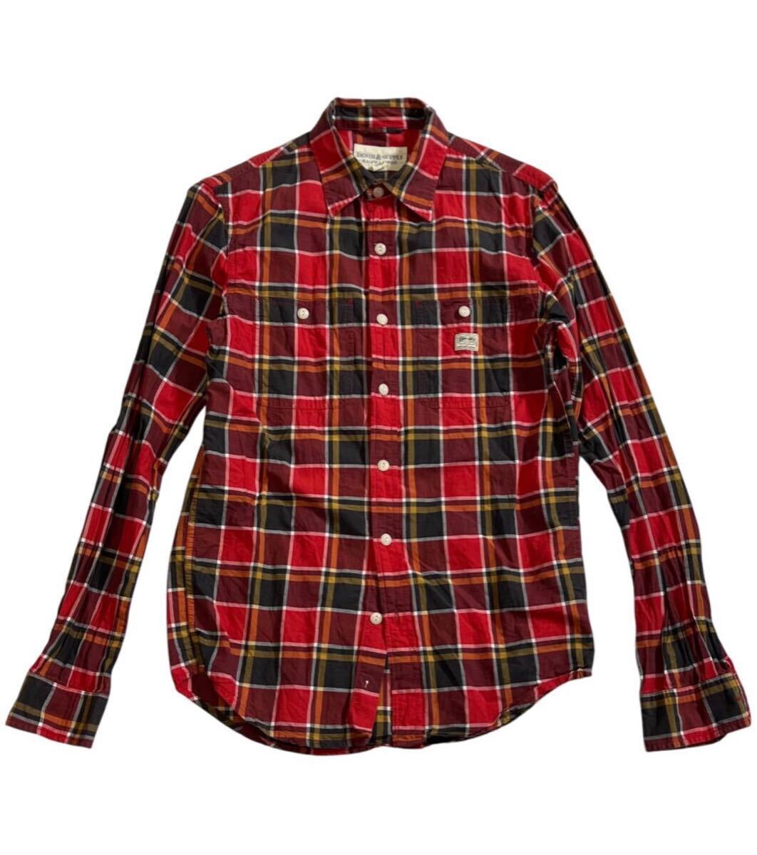送料無料 ■ DENIME&SUPPLY RALPH LAUREN デニムアンドサプライ ラルフローレン ■ ロゴ ラベル チェック柄 長袖 ボタンシャツ レッド系 XS拍卖