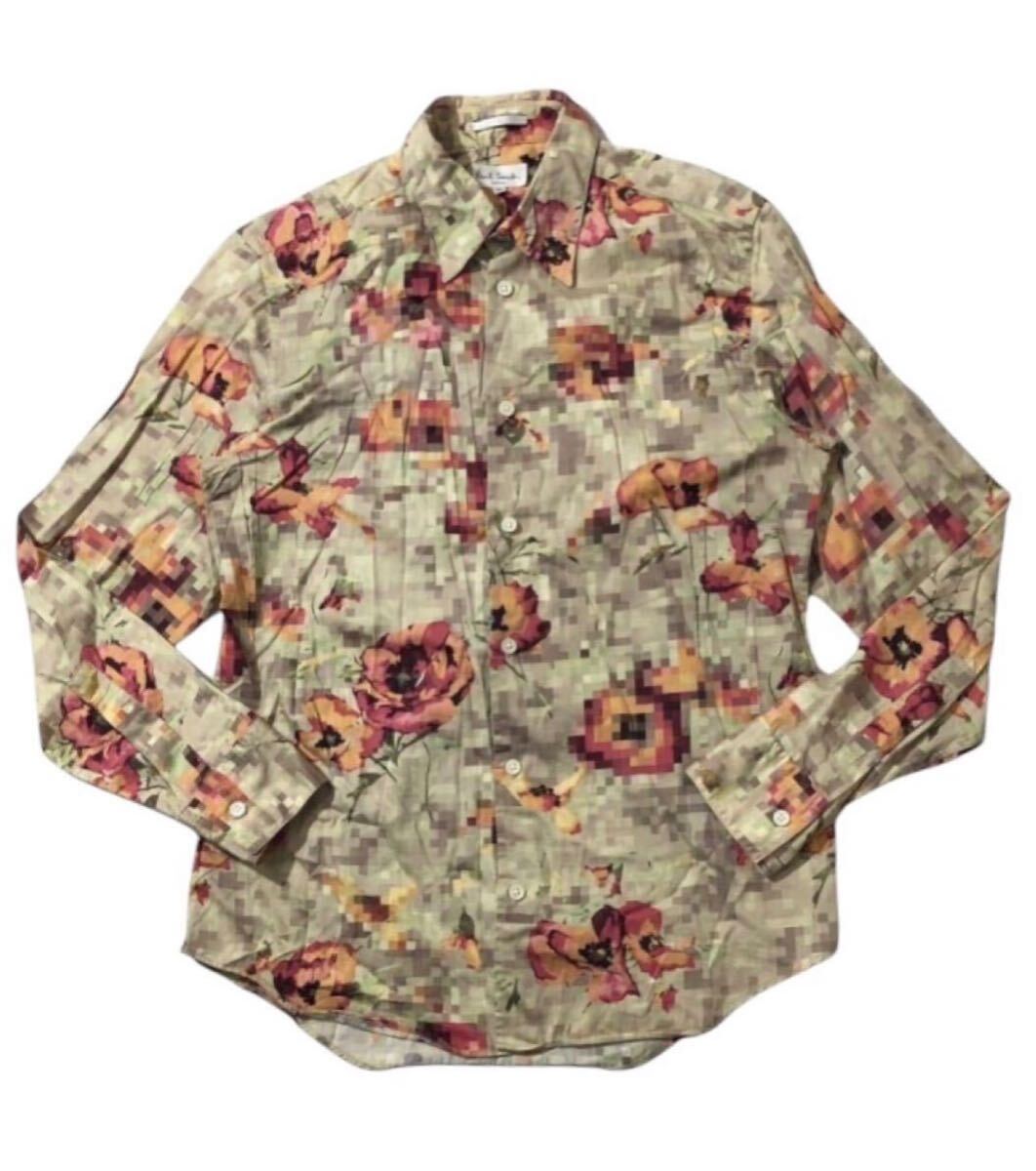 送料無料 ■ Paul Smith LONDON ポールスミス ■ ポピー フラワー×モザイク 総柄 長袖 コットン ボタン シャツ ベージュ系 M拍卖