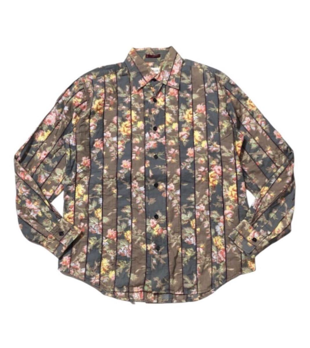 送料無料 ■ Paul Smith LONDON ポールスミスロンドン ■ ストライプ フラワー 総柄 ボタン コットン シャツ M拍卖