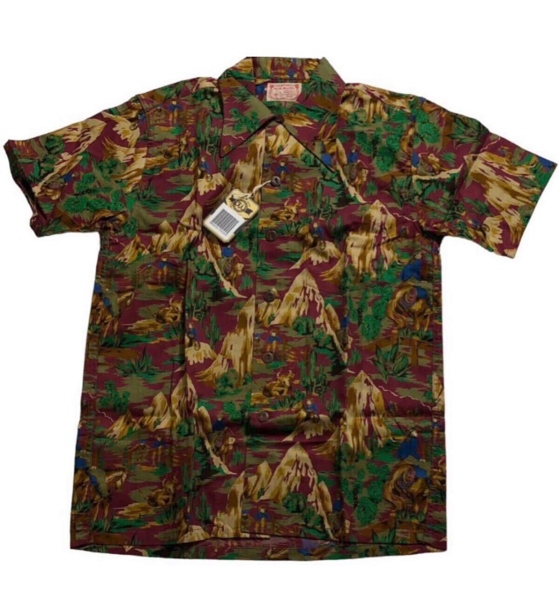 送料無料 未着用 タグ付 定価 1.2万 ■ REAL McCOY リアルマッコイ ■ カウボーイ 総柄 プリント オープンカラー アロハシャツ ボルドー S拍卖