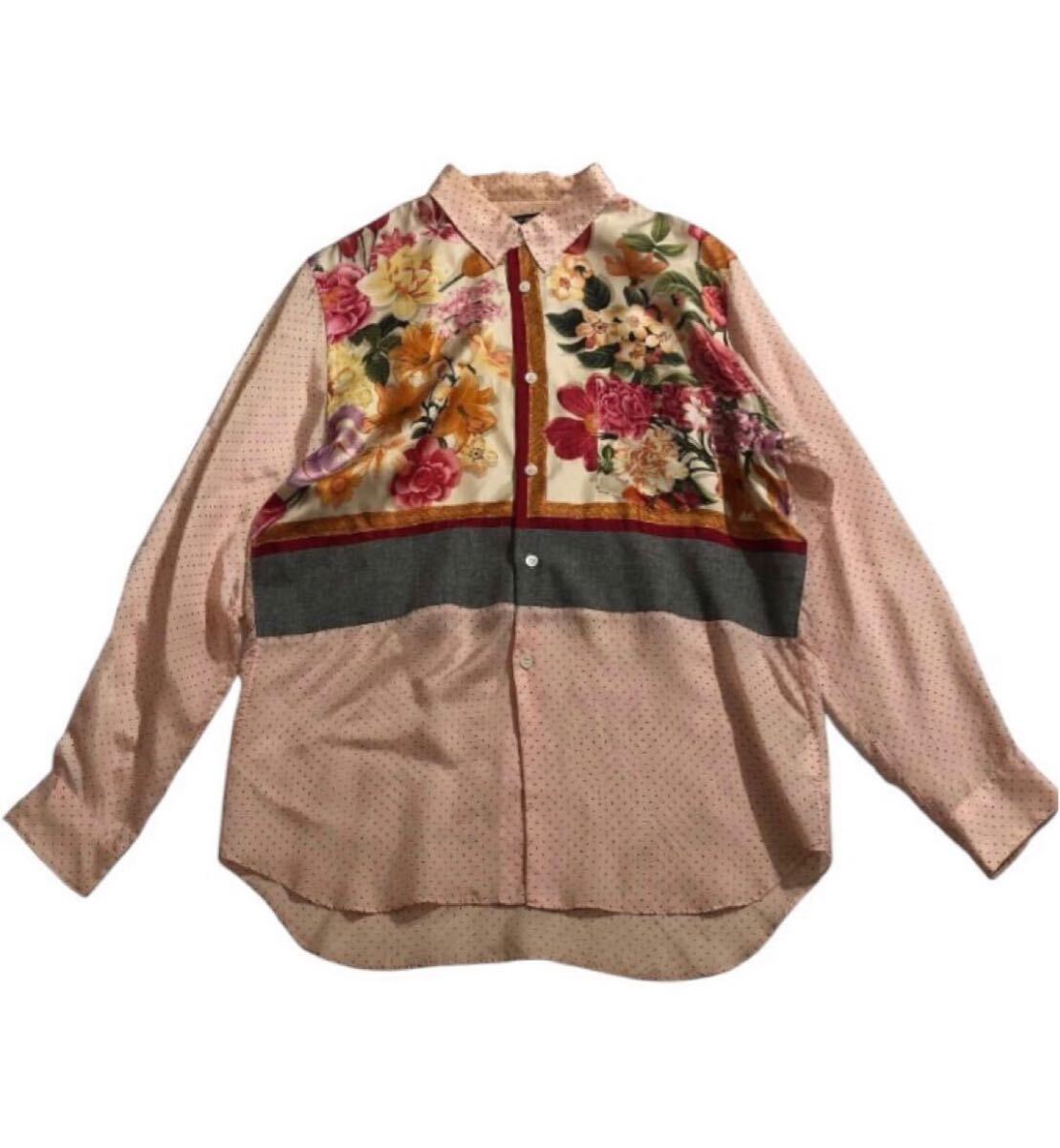 送料無料 99AW ■ コムデギャルソン オムプリュス ■ スーベニールキッチュ期 フラワー×ドット アンティーク スカーフ切替 シルク シャツ拍卖