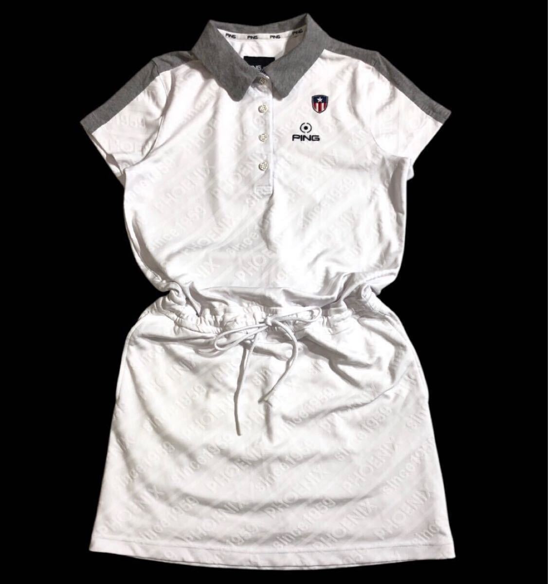 送料無料 ● PING ピン ● ロゴ 刺繍 ジャガード ストレッチ素材 ゴルフ ワンピース ホワイト S拍卖