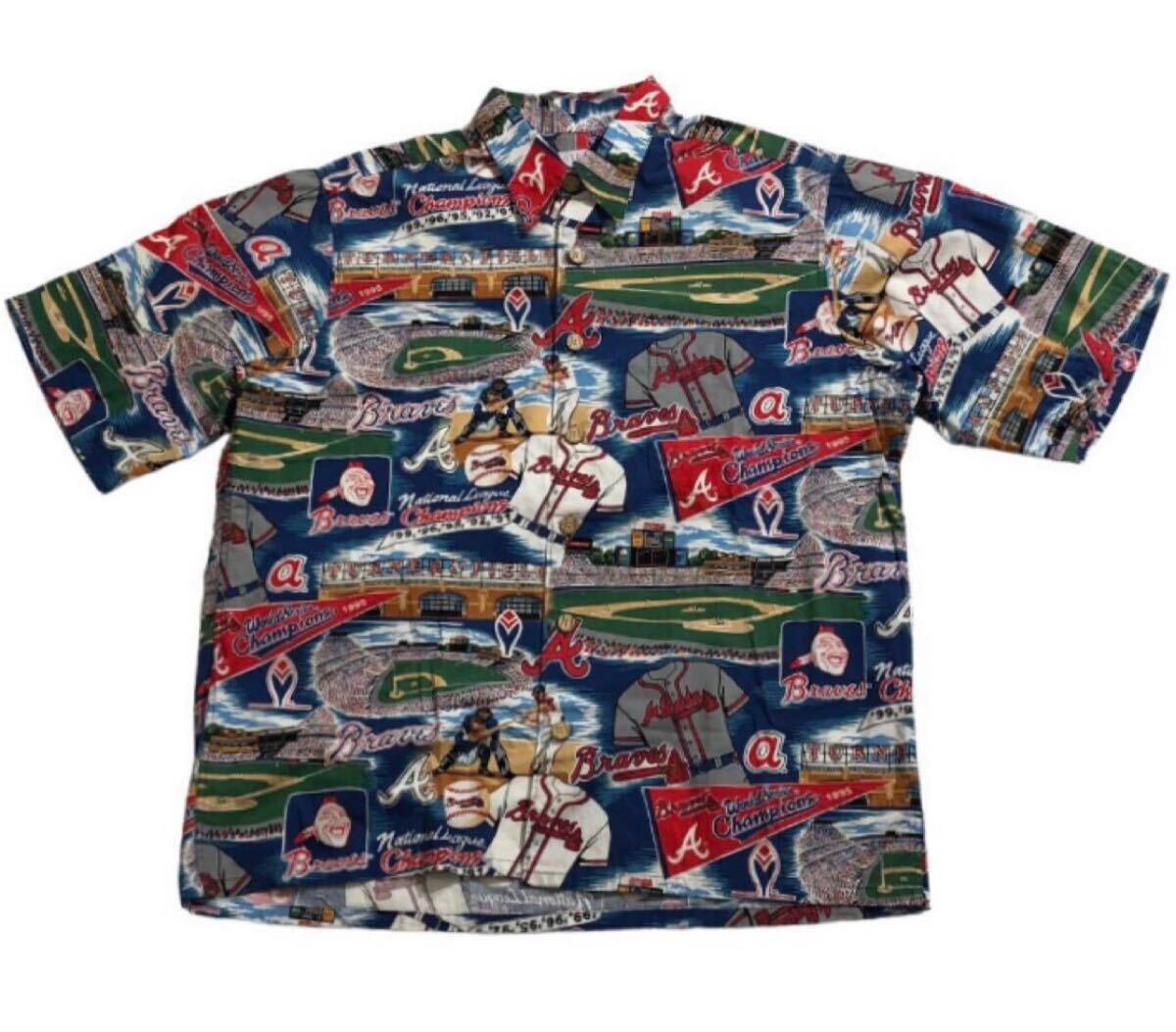 送料無料 ■ reyn spooner×MLB レインスプーナー アトランタ ブレーブス ■ Braves 91,92,95,96,99 優勝記念 総柄 半袖 アロハシャツ M拍卖