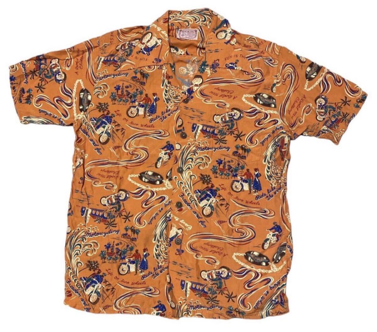 送料無料 ● REAL McCOY リアルマッコイ ● 開襟 オープンカラー モーターサイクル柄 半袖 レーヨン アロハ シャツ オレンジ M拍卖