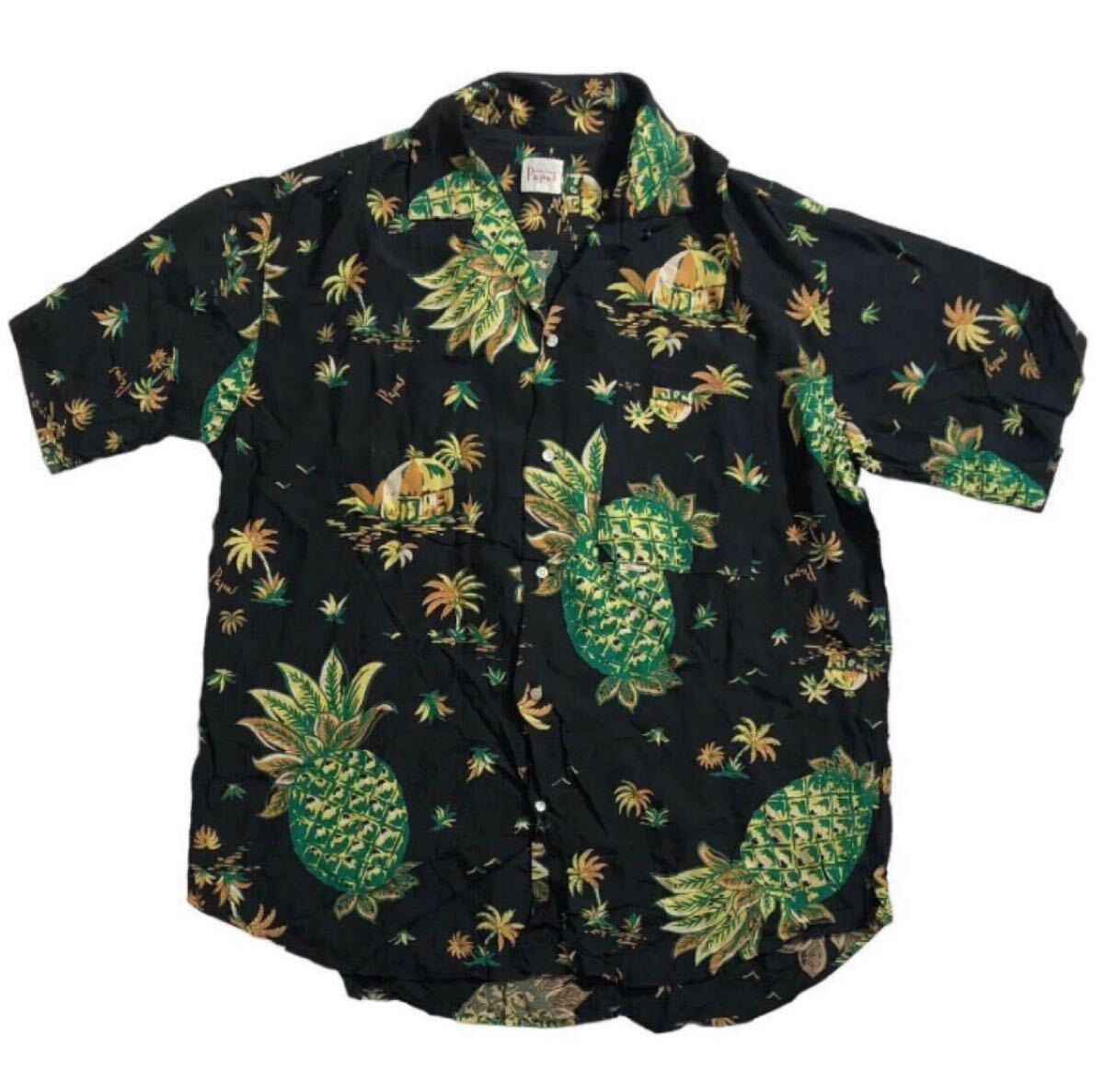 送料無料 ■ Papas パパス ■ パイナップル×パームツリー ロゴ 総柄 半袖 レーヨン アロハシャツ ブラック×イエロー×グリーン M拍卖