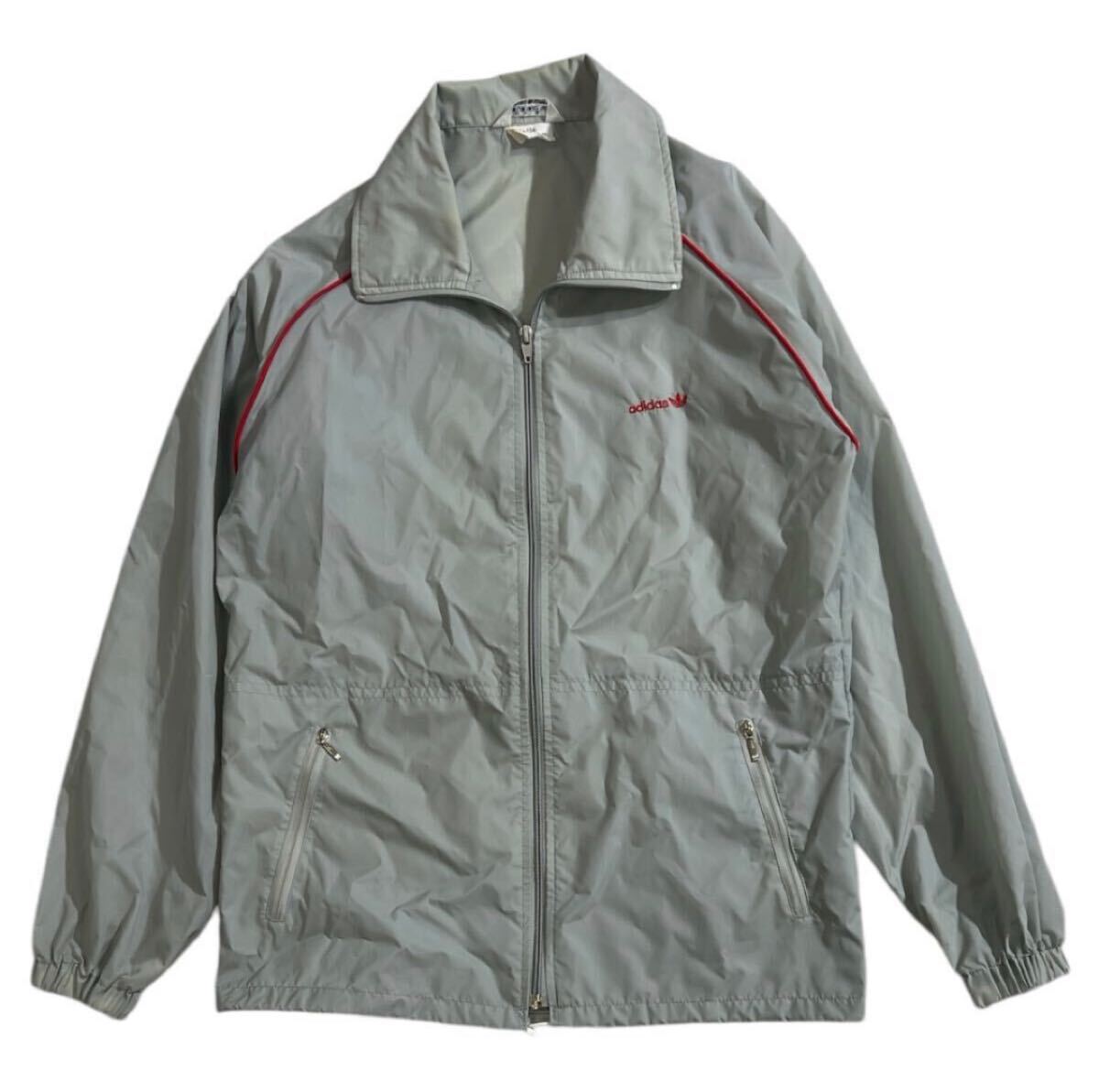 送料無料 80s ヴィンテージ ■ adidas アディダス ■ トレフォイル ロゴ 刺繍 ジップアップ ナイロン ジャケット グレー L拍卖