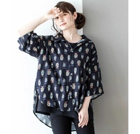 未使用品 スカラー scoLor 半端袖シャツ 羽織り 人形劇総柄 ネイビー レディース Tシャツ 半袖 夏 拍卖