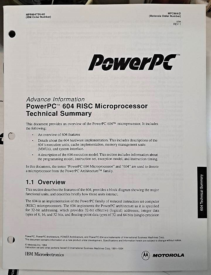 【PowerPC】604 RISC Microprocessor Technical Summary(5/94 REV 1)英文拍卖