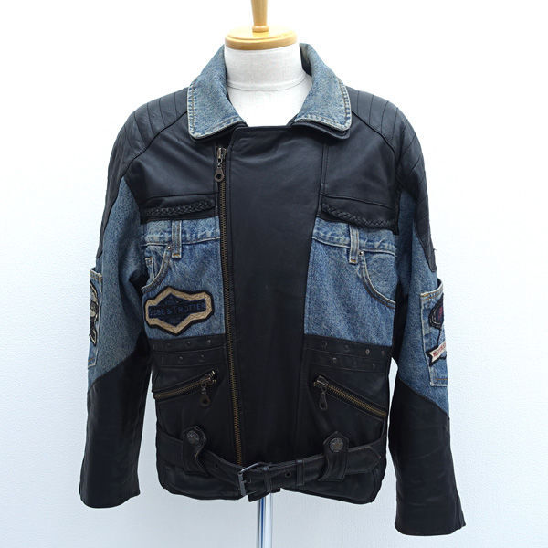 ★ ECHTES LAMM ジャケット レザー切替 デニム ワッペン ブラック×インディゴ サイズ50 (0220519981)拍卖