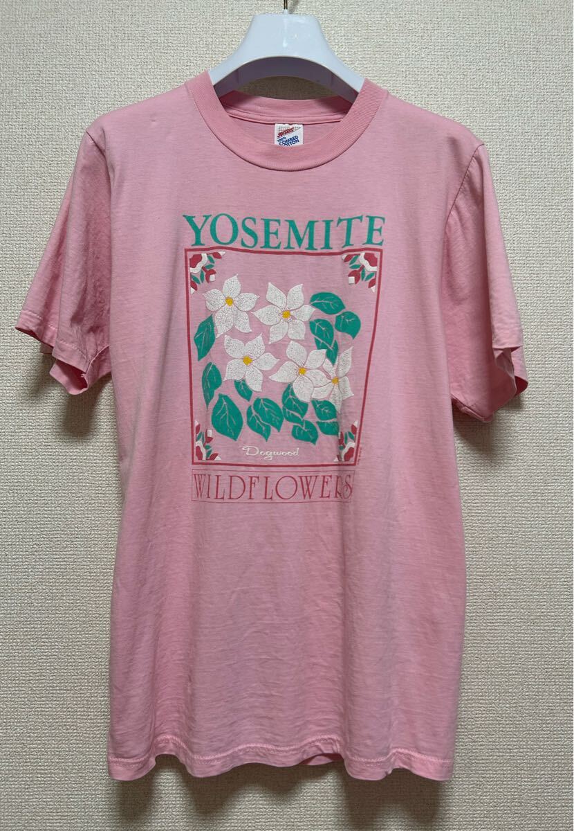 90's USA製 JERZEES ジャージーズ yosemite wildflowers ヨセミテ国立公園 スーベニア Tシャツ 半袖 花柄Tシャツ ピンク M Vintage拍卖