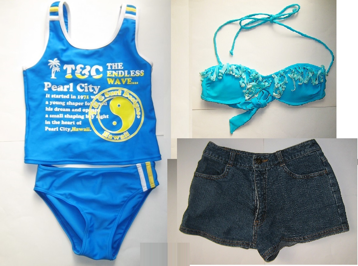 【中古】女児向けセパレート水着ブルー(青)4点セット・サイズ130cm拍卖
