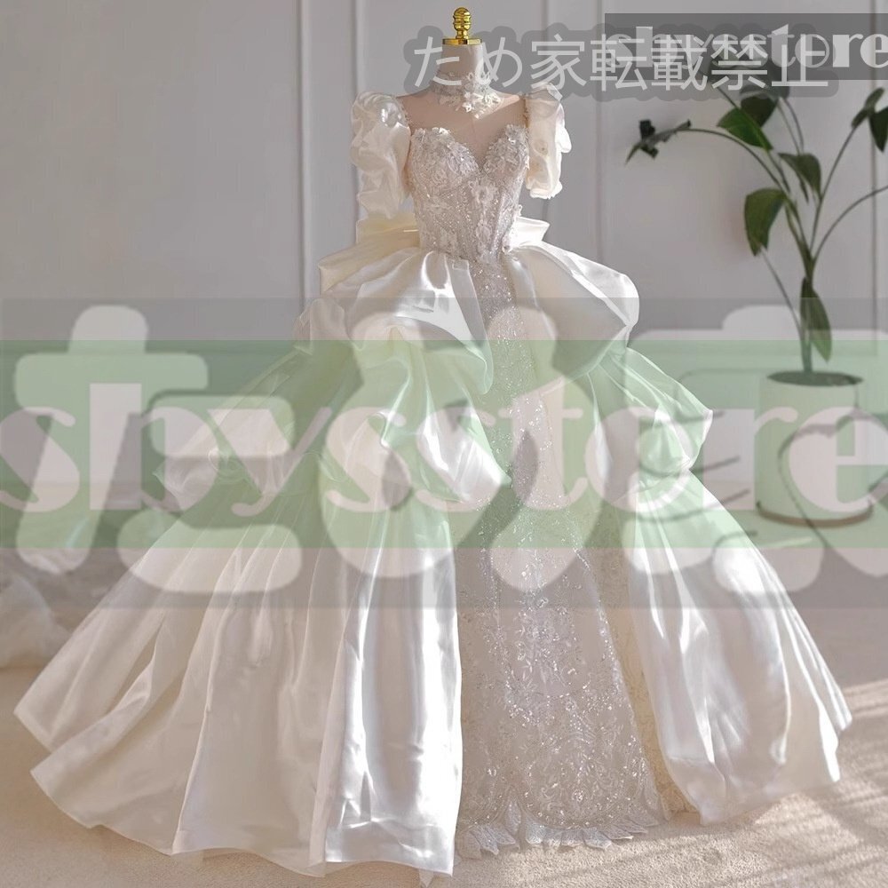 大値下げ サテン主ウェディングドレス 新婦 2025年新作 高級 トレーン フランス式 軽重工 小柄な方用 ヴィンテージ シンプル 出発用ドレス拍卖