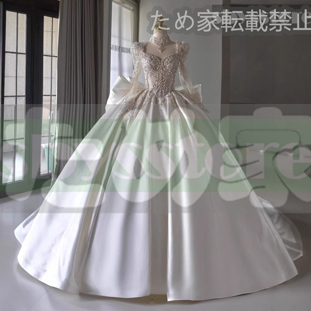 大値下げ 長袖 ウェディングドレス 2025年新作 新婦 トレイン Vネック ヴィンテージ サテン メインウェディングドレス拍卖