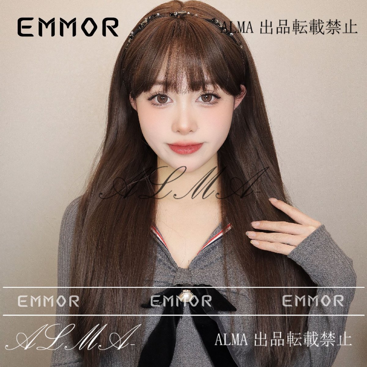 新品人毛 前髪ストレート ダークブラウン 内巻き 毛先が軽くカール 自然で滑らかな髪 つむじ部分手植え 自然に見えますフルウィッグ拍卖