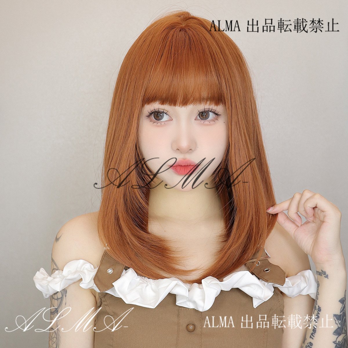 新品人毛 オレンジ色のミディアムストレートヘア 前髪はストレート つむじ部分手植え 自然に見えますフルウィッグ拍卖