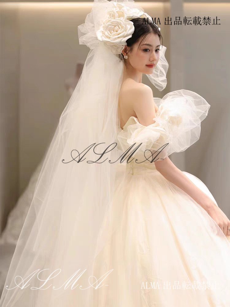 大値下げ ウエディングドレス 軽やか 一字肩 フレンチ森ガール風 花嫁ドレス 大花装飾結婚式 主役ドレス 出発用 ロング丈/ショート丈拍卖