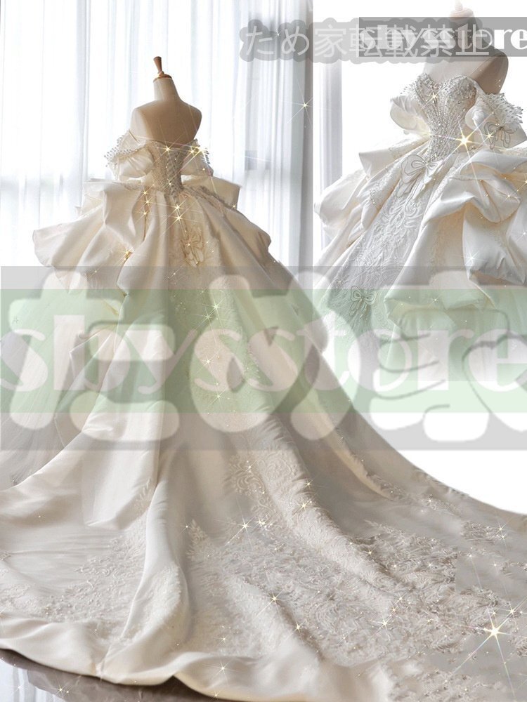 大値下げ 豪華なウェディングドレス フランス風 サテン オフショルダー 重工 2025年 新婦 大きなトレイン ホワイト メインファブリック拍卖