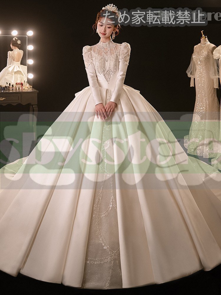 大値下げ 長袖ウェディングドレス 2025年新作 新婦 フランス式 ヴィンテージ 宮廷風 サテン 主ドレス 大きなトレーン 春用拍卖
