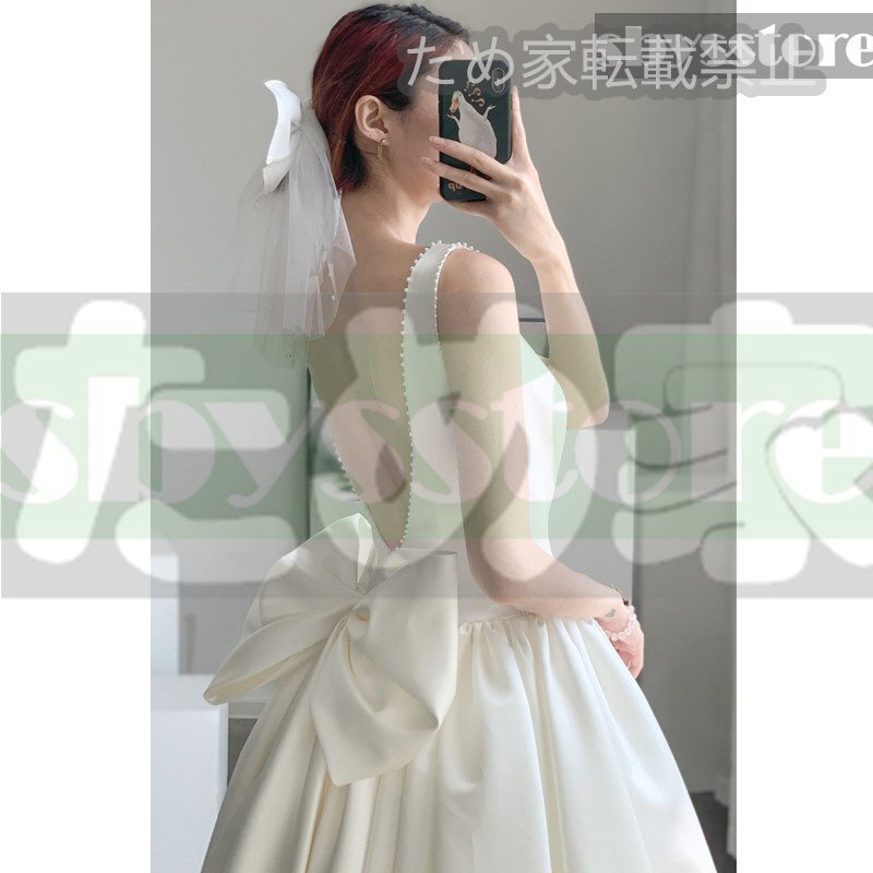 シンプルな軽婚式ドレス セクシー 小柄 フランス風 ホワイト スリムに見える サテン パーティー バタフライリボンミニドレス 夏用拍卖