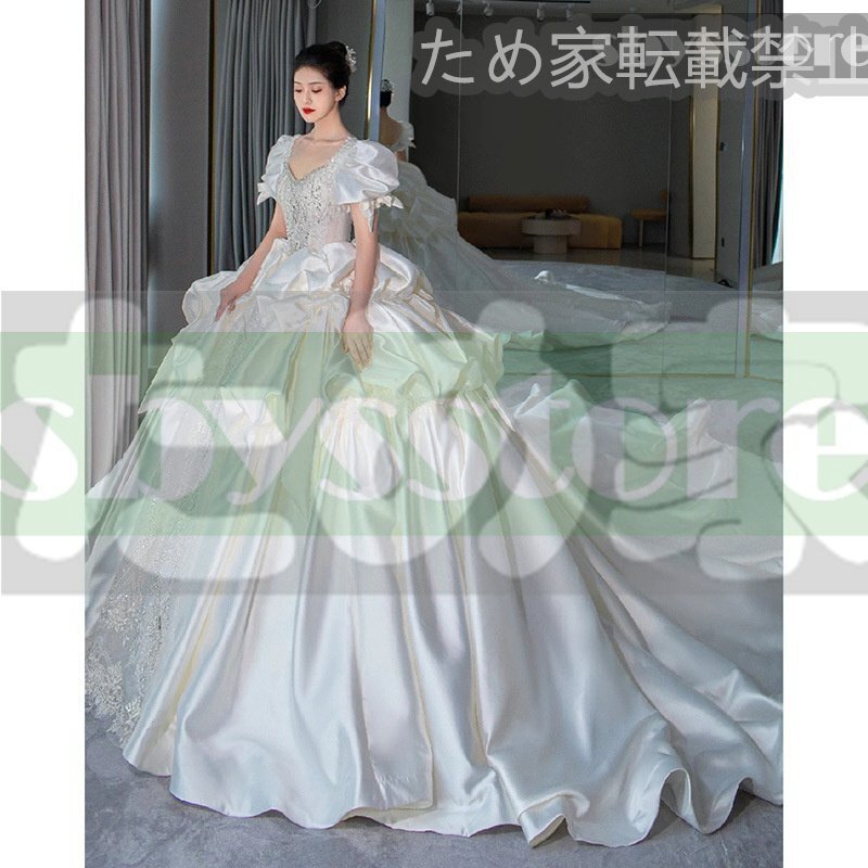 大値下げ サテン主ウェディングドレス 2025年新作 新婦 高級トレーンドレス 高級重工 フランス式 夏用拍卖