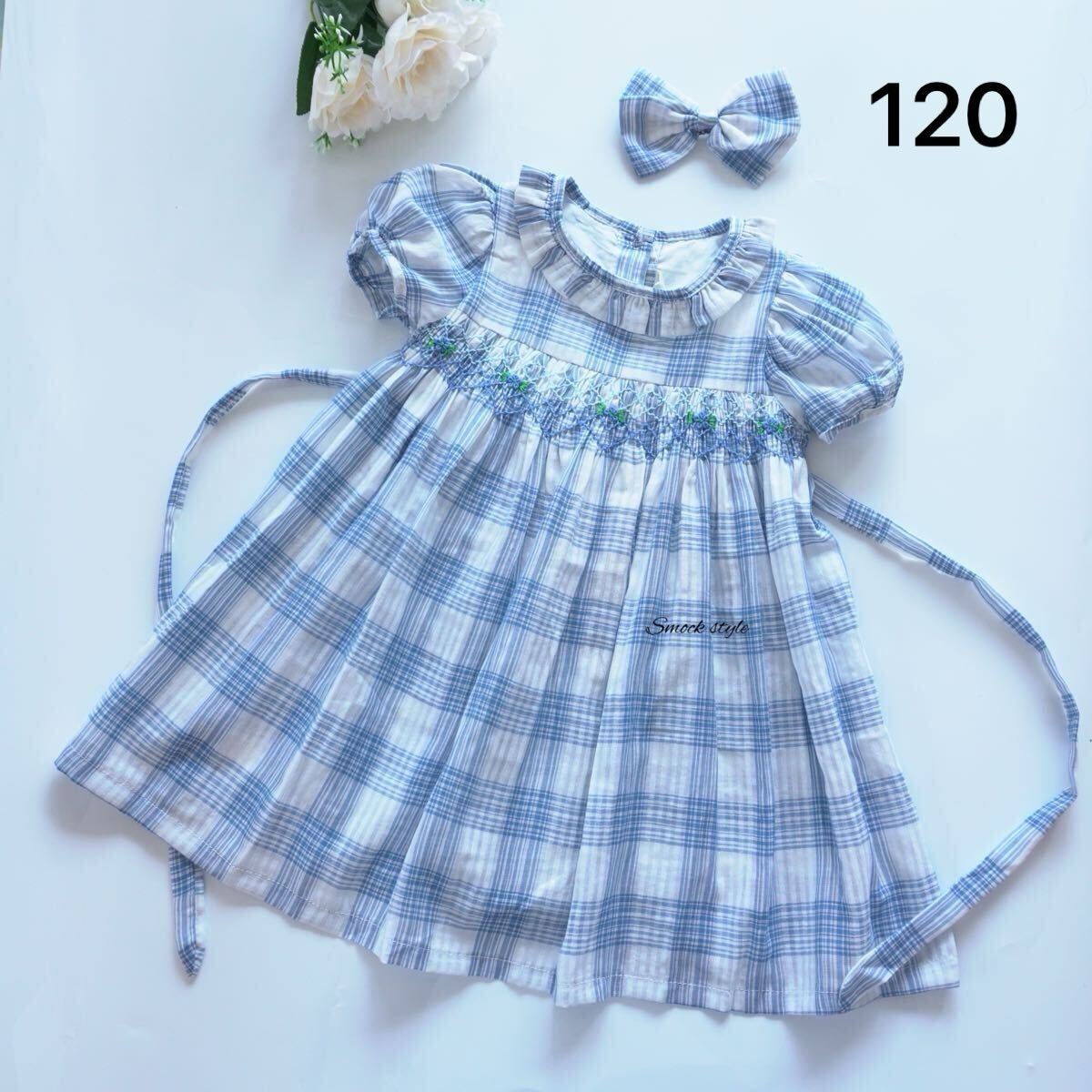新品 スモッキング ワンピース チエック柄 水色 ブルー ファミリア 好き 子供服 女の子 ワンピース拍卖
