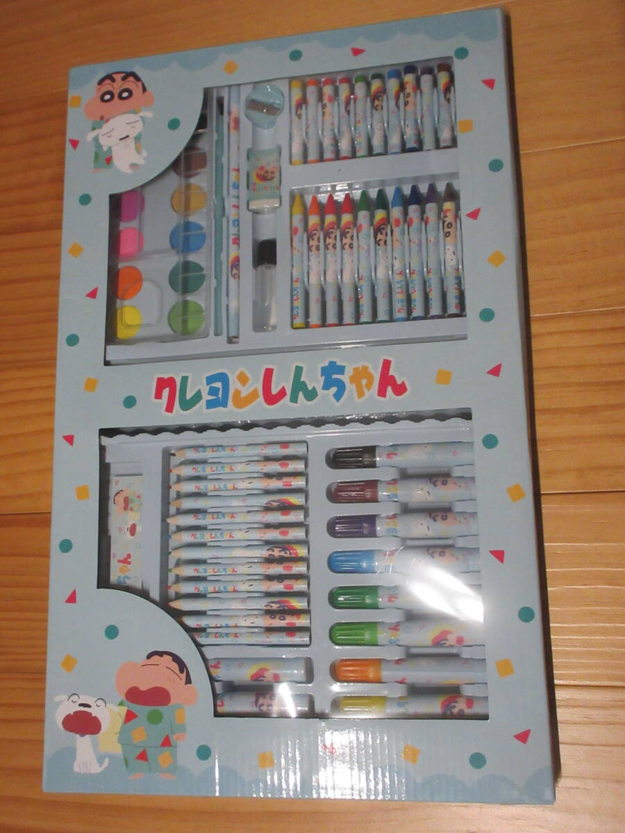 クレヨンしんちゃん お絵描きセット 水色 折りたたみ 持ち手付き 収納ケース イラスト 文房具 ペン 色鉛筆 絵具 ペンシル◆新品未開封拍卖