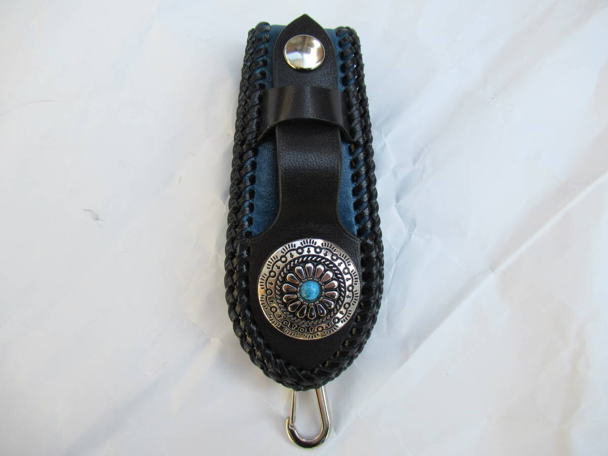 栃木レザー製 サドルレザー黒&青 キャップホルダー付ベルトキーホルダー ハーレー アメリカン バイク拍卖