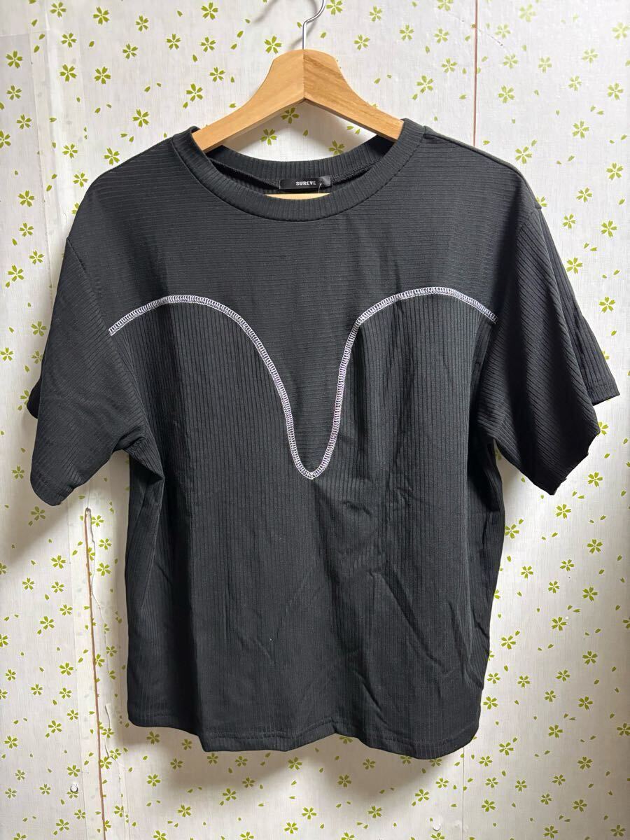 3Lサイズ リブ素材 黒 半袖Tシャツ 波型ライン Tシャツ 半袖Tシャツ カットソー ブラック 半袖 黒拍卖