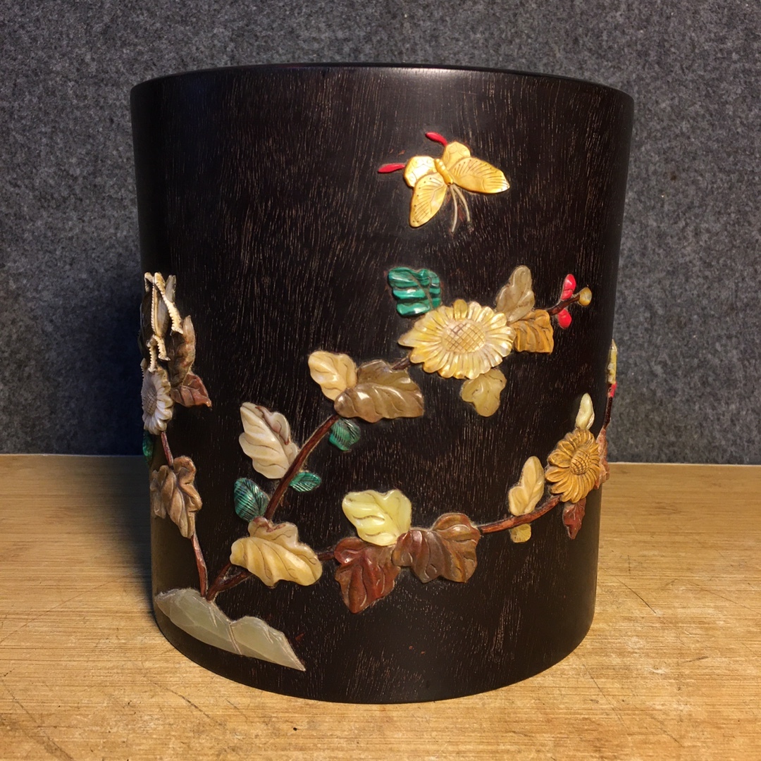 中国 清代 紫檀木彫 百寶嵌筆筒 細密毛彫 時代物 中国古美術 極細工 置物 木彫り 東洋彫刻 唐物 S74拍卖