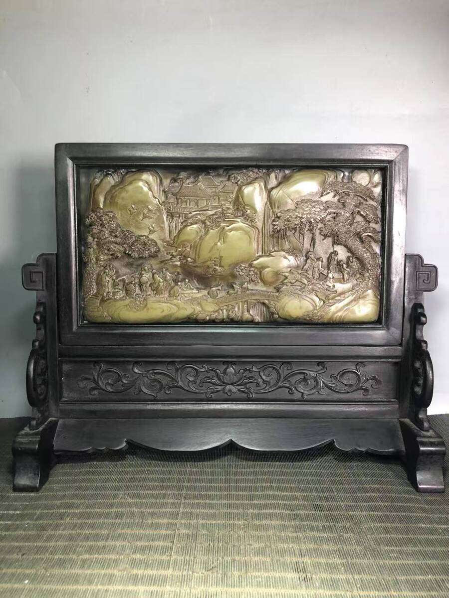 中国 清代 古黒檀木彫 嵌古玉 古玉彫 山水人物屏風 挿屏 細密毛彫 時代物 中国古美術 極細工 置物 木彫り 東洋彫刻 唐物 S74拍卖
