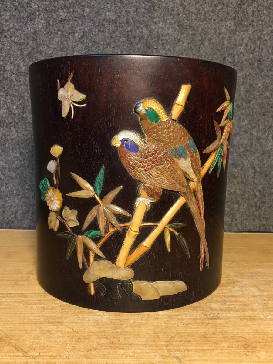 中国 清代 紫檀木彫 百寶筆筒 細密毛彫 時代物 中国古美術 極細工 置物 木彫り 東洋彫刻 唐物 S74拍卖