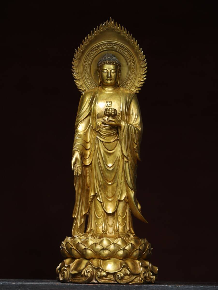 仏像 明代 銅琉金 チベット仏教 阿彌陀佛佛像 仏教古美術 供養品 極細工 時代物 古置物 中国古美術 唐物 旧蔵 S74拍卖