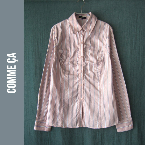 美品 SAY COMME CA/セイコムサ★ ストライプ 胸元ギャザー 長袖シャツ M拍卖