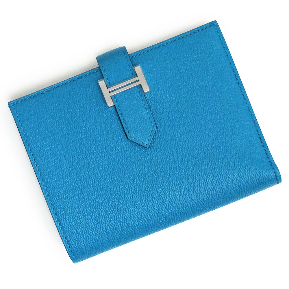 (新品・未使用品)エルメス HERMES ベアン コンパクト 二つ折り財布 シェブル シェーブルミゾール レザー ブルー シルバー金具 W刻印 箱付拍卖